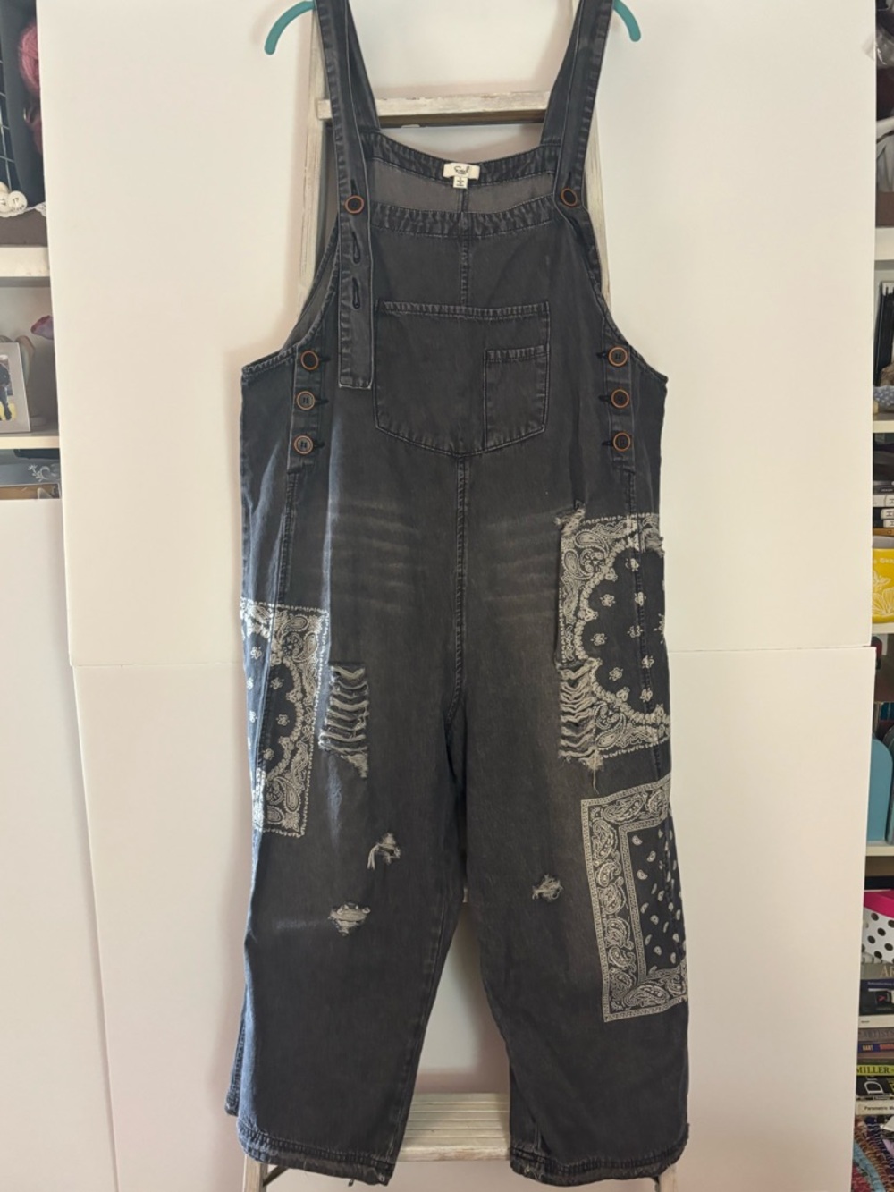Easel large oversized Distressed Denim Overalls with Bandana Patch, bohemian
